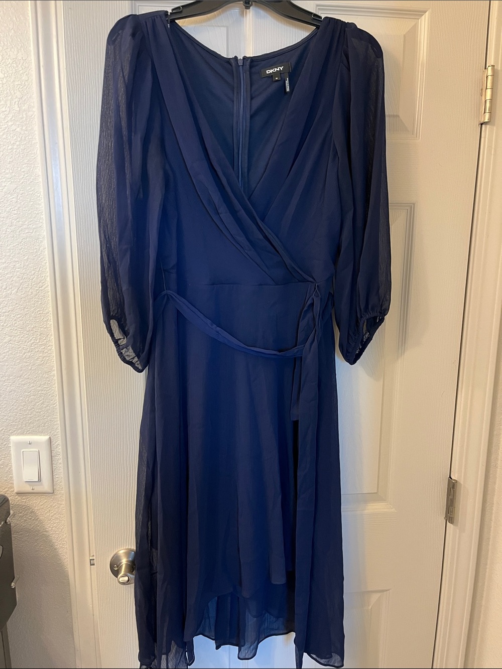 DKNY Navy Wrap Midi Dress with Sheer Puff Sleeves